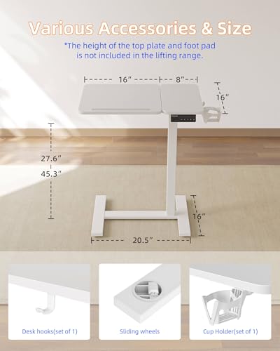 YIHAYO Electric Adjustable Overbed Bedside Table with Wheels, 24 x 16 Inches Mobile Standing Desk, Laptop Desk, Movable Overbed Tables Hospital Home Use, White - color: White Frame/White Top, size: 24*16 Inch