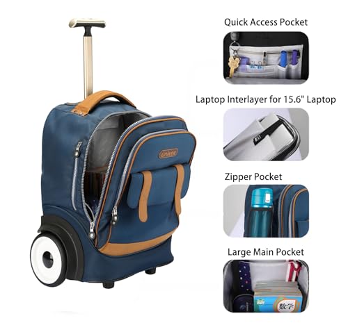 Rolling Laptop Bag with Quiet Wheels for 15.6 Inch Laptop, 6inch Large Wheel Roller Bag,Backpack with Wheels, Wheeled Computer Bag, T5- Blue - color: T5- Blue