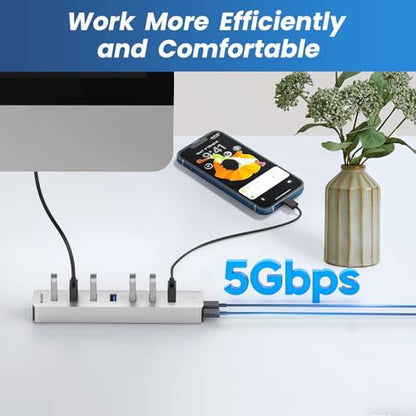 EJAY 7-Port USB Hub High Power USB C Splitter for PC & Mac | | Aluminum | USB3.0 | Multi-Port Data Hub | Heavy Desktop Setup | Workstation