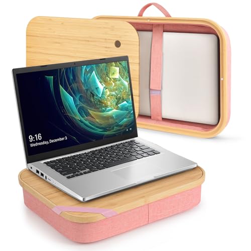 Mayjoy Bamboo Laptop Lap Desk with Storage, Removable Cover, Pink | Use laptops up to 15.6” on the bamboo top; store tablets, notebooks, mouse, cables, and pens inside. - color: Pink
