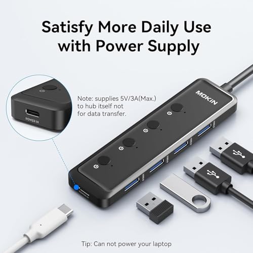 MOKiN USB 3.0 Hub, 5-Port Ultra Slim Powered Data USB Extender with 4*USB A 3.0, USB-C 5V Power Port, 5Gbps, Individual Switches & LED, for Laptop, MacBook, Chromebook, Dell, Acer, XPS