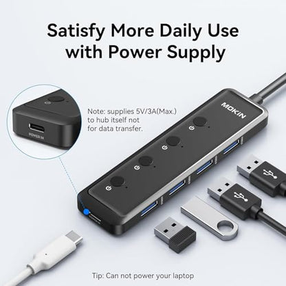 MOKiN USB 3.0 Hub, 5-Port Ultra Slim Powered Data USB Extender with 4*USB A 3.0, USB-C 5V Power Port, 5Gbps, Individual Switches & LED, for Laptop, MacBook, Chromebook, Dell, Acer, XPS