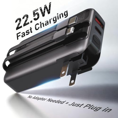 Portable Charger with Wall Plug, 20000mAh Power Bank 22.5W Fast Charging, Built-in Lightning & USB-C Cables, Plug in Portable Charger for Android Samsung iPhone, 4-in-1 Travel Charger