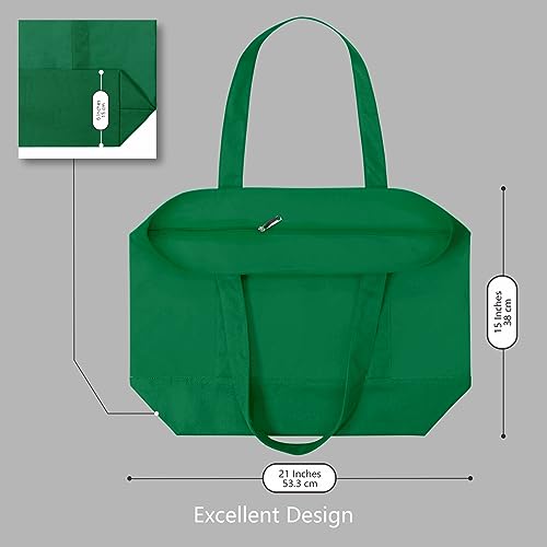 TOPDesign 1-Pack Canvas Tote Bag with an External Pocket, Reusable Grocery Shopping Bag, Top Zipper Closure, Daily Essentials (Green) - color: Green