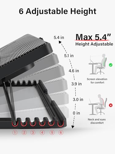 Kootek Laptop Cooling Pad Cooler Stand with 5 Quiet Fans for 12"-17" Laptop | 5 Fans, USB Powered, Laptop Cooling Stand with 2 USB Hub, 6 Adjustable Height, 360° Cooling Coverage, Anti-Slip, Red LED - color: Red