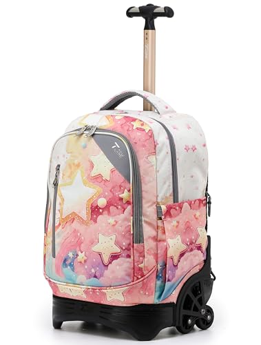 NEW TILAMI 18-Inch Rolling Backpack 6-Wheel for Kids School Travel | 6-Wheel Stair-Climbing Girls Boys Carry-on Suitcase Water-Resistant Adjustable Trolley Handle Wheels School Travel Camping - color: Starshine