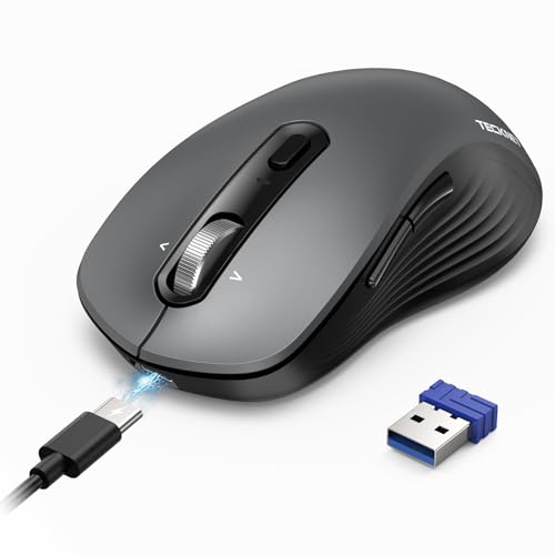 TECKNET Rechargeable Bluetooth Mouse, [ USB + BT5.0 + BT3.0 ] Wireless Mouse, Ergonomic 4-Way Scroll Wheel Computer Mice, 6-Level 4800 DPI Silent Mice, Multi-Device for Computer/Laptop/MacBook (Iron) - color: Iron Gray