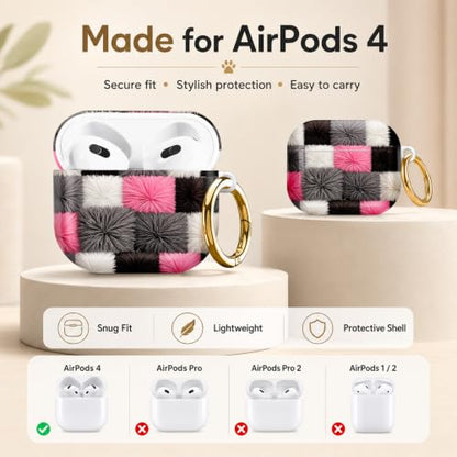 Compatible with AirPod 4 Case 2024, Cute Hard Plastic Protective Cover for Airpod 4th Generation Women, Shockproof Shell Skin with Gold Ring Keychain,Black White Gray Checkered - color: Black White Gray Checkered