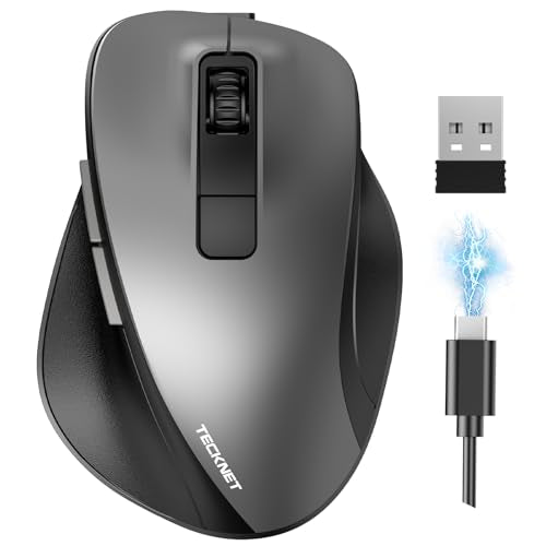 TECKNET Wireless Mouse, Bluetooth Mouse (BT5.0/3.0 & 2.4G) Rechargeable 4800 DPI Silent Mice, Computer Mice with USB A Receiver,Large Sized Ergo Grips Optical Cordless Mice for Laptop/Mac/PC,Gray - color: Gray
