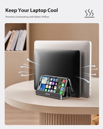 AboveTEK Vertical Laptop Stand, 3 Slots Aluminum Desk Laptop Holder & Laptop Docking Station Stand for MacBook, Tablet, Phone - Universal Fit (Up to 17.3") - Heavy Duty Polished, Anti Slide - Grey - color: Grey