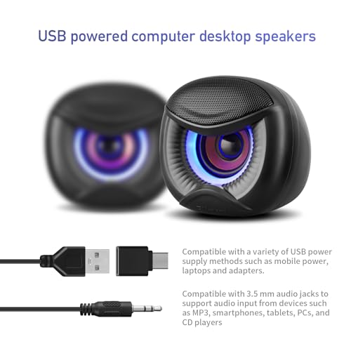 Elimavi USB Computer Speakers, 3.5mm Aux Speaker and USB Powered Interface are Suitable for Desktop Laptop Monitor, Owl Eye Design, Includes a USB-C Adapter, Blue Lights - style: Blue light