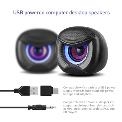Elimavi USB Computer Speakers, 3.5mm Aux Speaker and USB Powered Interface are Suitable for Desktop Laptop Monitor, Owl Eye Design, Includes a USB-C Adapter, Blue Lights - style: Blue light