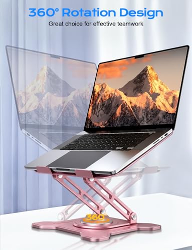 JCZT 360° Rotating Laptop Stand for Desk, Metal Foldable Laptop Riser Pink | Ergonomic Portable Adjustable Laptop Stand, Ventilated Cooling Notebook Holder for MacBook Air Pro, All 10-16'' Laptops - color: Pink