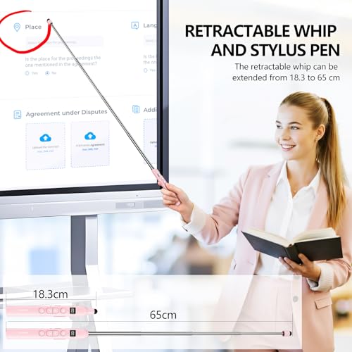 N21 Bluetooth Presentation Clicker for PowerPoint with Retractable Pointer | ①Red laser ②Telescopic touch pen ③Countdown timer, vibration alert ④Customizable Button ⑤Rechargeable, battery level display - color: Pink - Red Pointer