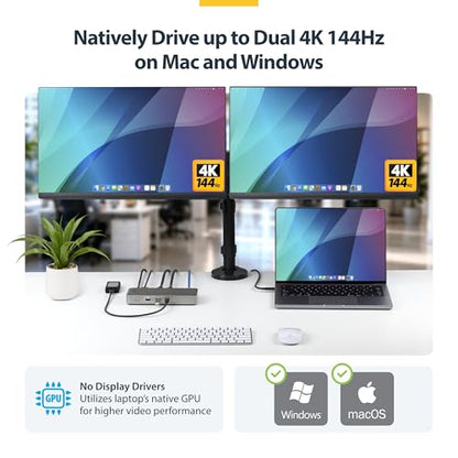 StarTech Driverless USB4 Dock, Dual 4K 144Hz for Mac and Windows, 100W | Universal USB-C dock, M4 and M5 MacBook, Plug-and-play, Single 8K 60Hz DisplayPort, 2.5GbE, Lock slot