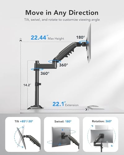 HUANUO Single Monitor Arm, Adjustable Desk Mount for 13-34 inch Screens, Holds 19.8lbs, 22.44 inch Max Height, Full Motion Swivel Gaming Monitor Stand with VESA 75x75mm and 100x100mm Compatibility