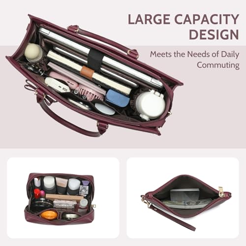 Keyli 3pcs Laptop Bag for Women 15.6 Inch Leather Work Tote Bags Professional Business Office Computer Shoulder Briefcase - color: 3pcs-wine Red