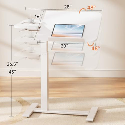 COMHOMA Tiltable Mobile Small Standing Desk, Pneumatic Adjustable Height Overbed Bedside Table with Wheels, Sit Stand Portable Rolling Laptop Desk Computer Workstations, White - color: White