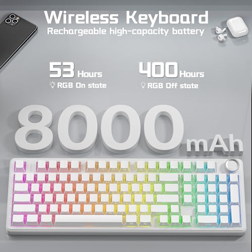 Aula F99 Pro Wireless Silent Mechanical Keyboard with Knob,Tri-Mode 2.4GHz/BT5.0/USB-C Hot Swappable,Pre-lubed Linear Switches RGB Backlit,Gasket Mounted,White PC Gaming Keyboard for Win/Mac - color: White