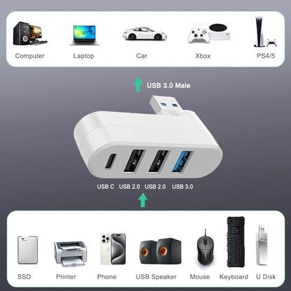 4-Port USB 3.0 Hub [90/180 Rotatable], USB Splitter with 3 USB Ports & 1 USB C Power/Data Port, USB Extender for Laptops, Cars, iMac, MacBook Air, MacBook Pro