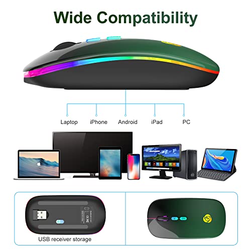 CC Store Wireless Mouse for Laptop,USB-C Rechargeable with Dual Connection | Bluetooth mouse with 2.4GHz USB receiver, silent slim design, adjustable DPI for laptop,MacBook,PC and tablet,Black-green - color: Black-green