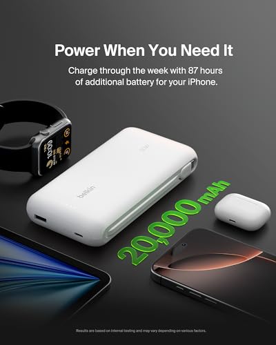 Belkin 20000mAh 30W USB C Power Bank, Portable Charger for iPhone & iPad | Fast Charging, Integrated USB C Cable, Eatra USB C Port, iPhone 17, iPad, Samsung Galaxy S26, Charge 2 Devices - color: White, style: 20K mAh