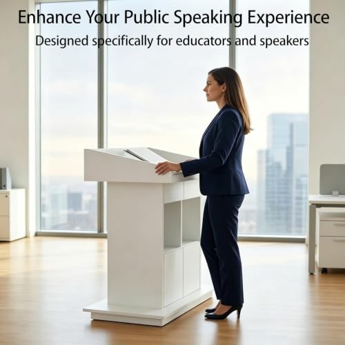 Podium Stand, Podium with Wheels, Floor Standing Speaking Poidum Lectern Stand, Church Pulpit with Storage, Office Wooden Reception Desk, Host Stand for School Conference | White - color: White