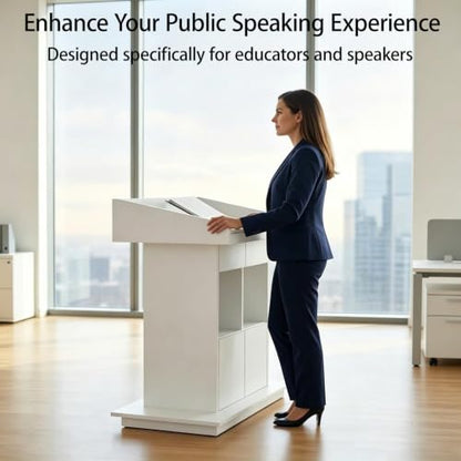 Podium Stand, Podium with Wheels, Floor Standing Speaking Poidum Lectern Stand, Church Pulpit with Storage, Office Wooden Reception Desk, Host Stand for School Conference | White - color: White