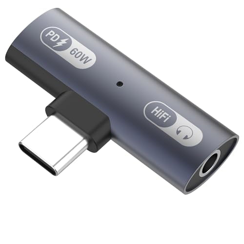 2 in 1 USB C to 3.5mm Audio Headphone Adapter and Charger, USB-C Headphone Jack HiFi DAC with 60W Fast Charging Dongle Adapter Compatible with iPhone 17/16 Series,iPad,MacBook,Galaxy S24/S23