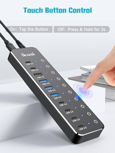Powered USB Hub, ikuai 10-Port USB 3.2 / USB C Hub, with 3 10Gbps Data Ports and 7 USB 3.0 Ports (4 USB-C + 3 USB-A) for Mac PC Laptops and More - size: 10-Port USB 3.2 Hub
