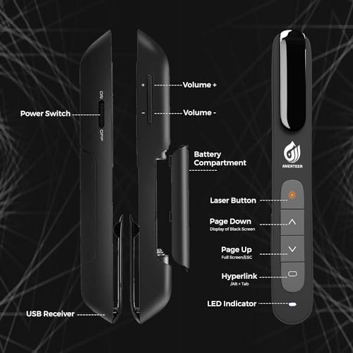 AMERTEER Wireless Presenter,Support Hyperlink RF 2.4GHz Powerpoint PPT Clicker Presentation Remote Control Laser Pointer Flip Pen - color: Red Light