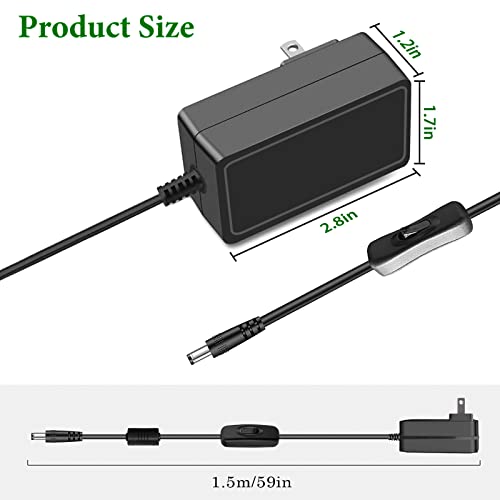 12V 2A Power Supply Adapter with ON/Off Switch, for 12V LED Strip Light. | AC 100-240V 50-60hz, fit for 12Vdc LED Strip Light Hard Drive CCTV Camera Keyboard Router DVD Player, with 5 DC Tips.