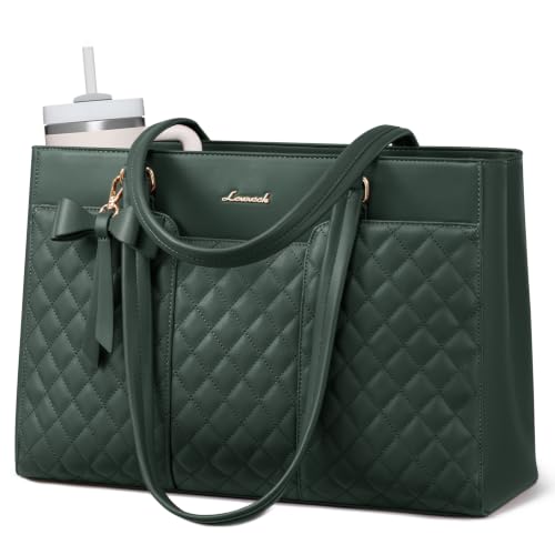 LOVEVOOK Laptop Tote Bag for Women,15.6 Inch Work Bags PU Leather Teacher Tote Bag,Waterproof Quilted Computer Bag for Office Professional Briefcase Gifts - color: Dark Green-a, size: 15.6 Inch