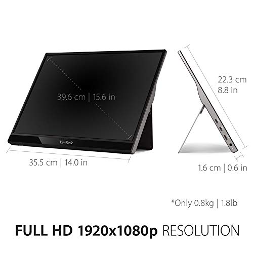 ViewSonic VG1655 15.6" 1080p Portable Monitor w/ 2 Way Powered 60W USB C, IPS, Eye Care, Dual Speakers, Built in Stand w/Cover (Renewed)
