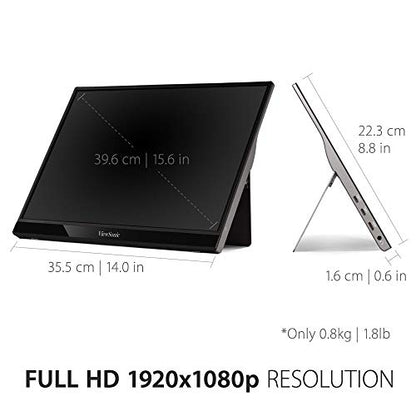 ViewSonic VG1655 15.6" 1080p Portable Monitor w/ 2 Way Powered 60W USB C, IPS, Eye Care, Dual Speakers, Built in Stand w/Cover (Renewed)