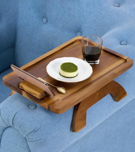 BLUEWEST Sofa Armrest Tray,15.4''x9.8'' Acacia Wood Couch Arm Clip on Tray Table with 360° Rotating Phone Holder Fits Most Couch Arm Sizes–Non-Slip, Arm Table for TV Dinners, Remote, Drinks & Snacks - color: Acacia, size: Rectangle