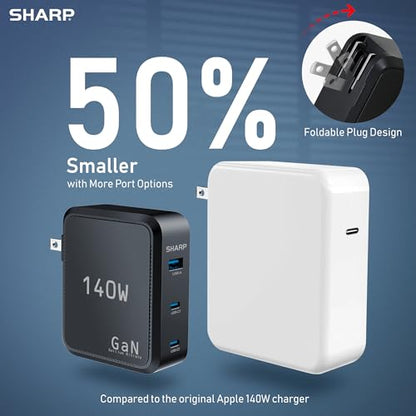 Sharp 140W USB C Charger, Compact Foldable GaN Fast Charge 3-Port (2 USB-C, 1 USB-A), Compact Foldable Wall Charger for MacBook Pro/Air, iPad Pro, iPhone 15/Pro, Galaxy S22/S21, Dell XPS, Black - color: Black
