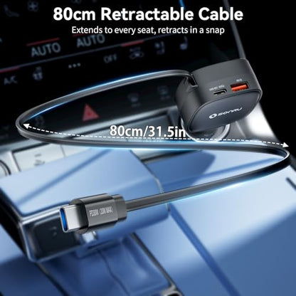 Retractable Fast Car Charger, 84W Max USB C Car Phone Charger Fast Charging, Cigarette Lighter Adapter with Built-in Retractable 31.5 inch Cable for iPhone15/16/17, Samsung, Android