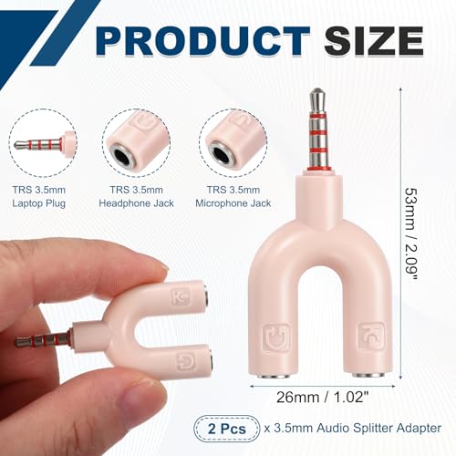 MECCANIXITY 2Pcs Headset Mic Splitter Adapter, 3.5mm Male to Dual Female Y Splitter Microphone and Audio Jack Adapters for PC Laptop Smartphone, Pink - color: Pink