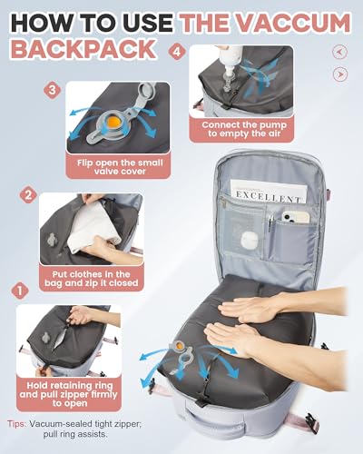 Vacuum Seal Travel Backpack with Air Pump,Compression Vacpack Waterproof Carry On Backpack for Travel Women Men with Vacuum System,Airlines Approved Daypack Laptop Space Saver Bags,Grey - color: Grey(with Air Pump)