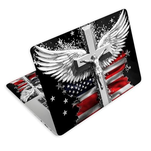 Universal Laptop Skin Decal, 3-Piece Vinyl Protector for 12 13 14 15.6" Notebook, Waterproof Anti-Scratch, Easy Trim & Bubble-Free Finish, Cross with Wings and an American Flag - color: Cross with Wings and an American Flag