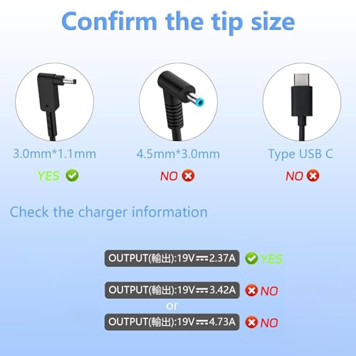 45W Laptop Charger for Acer Aspire 1 3 5 N20C5 N23C3 N23H1 ADP-45FE F PA-1450-26 A515-44 A515-45 A515-46 A515-45-R74Z A515-46-R3UB A515-54 A515-56 A315-24P-R7VH 19V 2.37A 3.0*1.1mm Adapter Power Cord