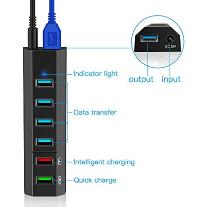 USB Hub, Aiibe 6 Ports Super High Speed USB 3.0 Hub Splitter + 24W Power Adapter + USB 3.0 Cable, Black Smart Fast Charger Powered USB Hub for Laptop, Mac, PC, Mobile HDD, Mulitple Devices - color: Black 6 Port