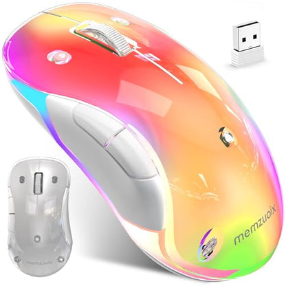 memzuoix 2.4G LED Wireless Mouse, Rechargeable Ergonomic Mouse with Detachable Cover, 1400 DPI Portable Optical Computer Mouse with USB Receiver for Laptop, PC, Desktop and MacBook, 5 Buttons - color: white and white