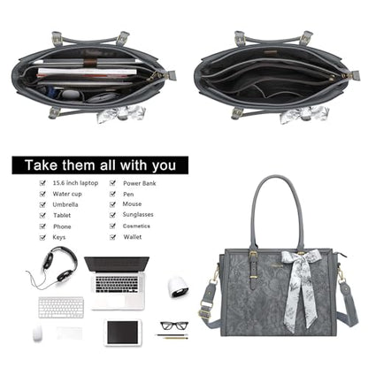 MOSISO Laptop Bag for Women, 17-17.3 inch PU Leather Tote Bag | Compatible with MacBook, HP,Dell, Front Embossed Retro Hibiscus Computer Bags with Silk Scarf&Clutch Purse, Gray - color: Gray, size: 17.3 inch