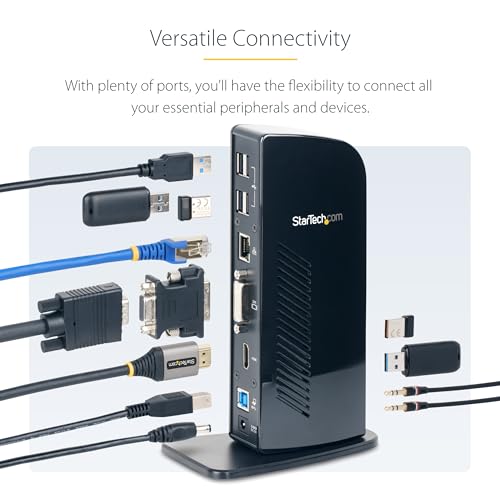 StarTech USB-A Dual Monitor Dock, HDMI & DVI/VGA, 6x USB-A, GbE, Audio, TAA | For USB-A laptops, with four USB 2.0 plus two 5Gbps ports, a DVI-to-VGA adapter, slim upright design and mic/headphone jacks - size: Dual Monitor, style: HDMI | DVI/ VGA | 6 x U