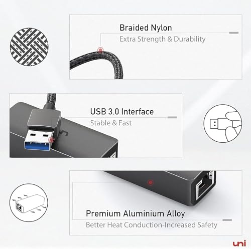 uni USB to Ethernet Adapter, Driver Free USB 3.0 to Gigabit Ethernet LAN Network Adapter, 100/1000 Mbps RJ45 Internet Adapter Compatible with Laptop, MacBook, Surface, PC with Windows, XP, Mac/Linux