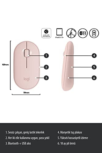 Logitech Pebble Wireless Mouse with Bluetooth or 2.4 GHz Receiver, Silent, Slim Computer Mouse with Quiet Clicks, for Laptop/Notebook/iPad/PC/Mac/Chromebook - Rose/Pink