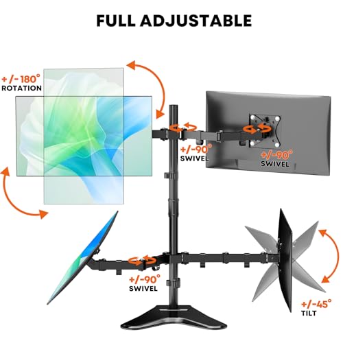 PUTORSEN Quad Monitor Stand for 4 Screens, 17-32", 19.8 lbs Each | Stacked 4-Screen Desk Mount with Full-Motion Arms, VESA 75/100, Tilt, Swivel & Rotation, Larger Base with Phone Slot, Black - size: Quad Arms