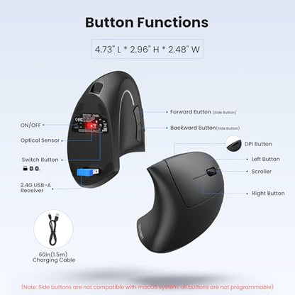 TECKNET Ergonomic Mouse Rechargeable Bluetooth - 4800 DPI Vertical Mice 6 Adjustable Levels, Wireless Optical Carpal Tunnel Mouse Right Hand, Multi Device for Laptop, PC, Computer, MacBook - Black - color: Black